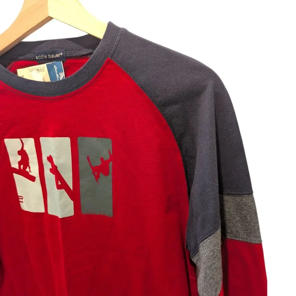 Deadstock Eddie Bauer Y2K Kids Snowboard Ski Long Sleeve Tee Red Navy L Vintage